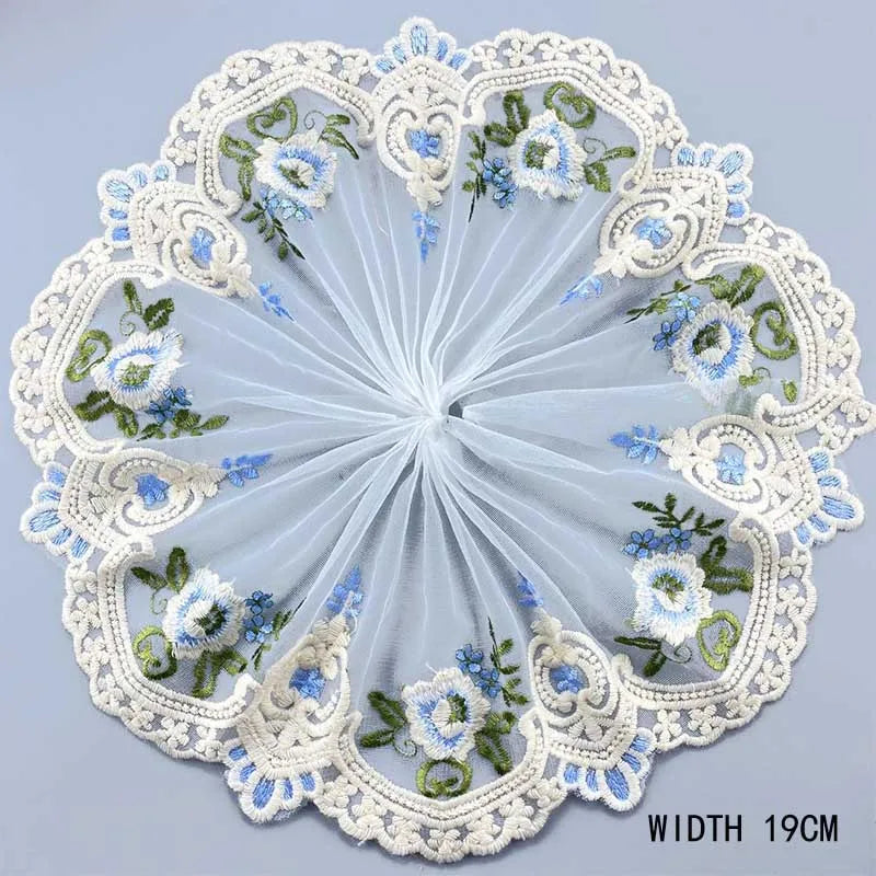 1Y Blue Polyester Soft Mesh Embroidery Lace Trimmings Dress Accessories Lace Fabric Sewing Crafts Doll Material