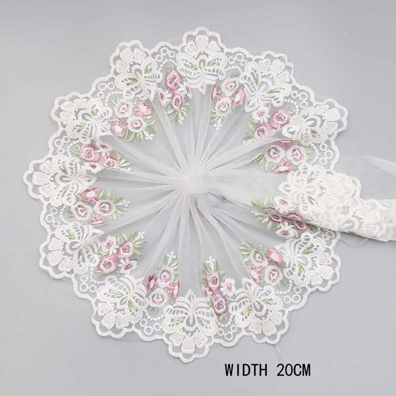 1Y Colorful Flower Embroidered Tulle Lace Trimmings Dress Accessories Lace Fabric Sewing Crafts Doll Material