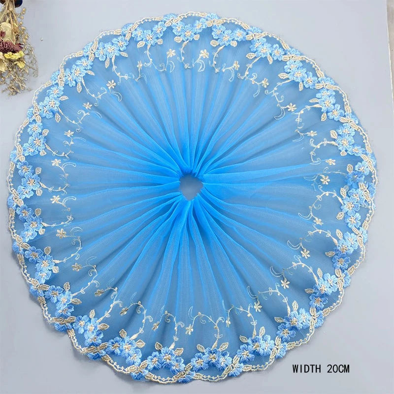 1Y Blue Polyester Soft Mesh Embroidery Lace Trimmings Dress Accessories Lace Fabric Sewing Crafts Doll Material