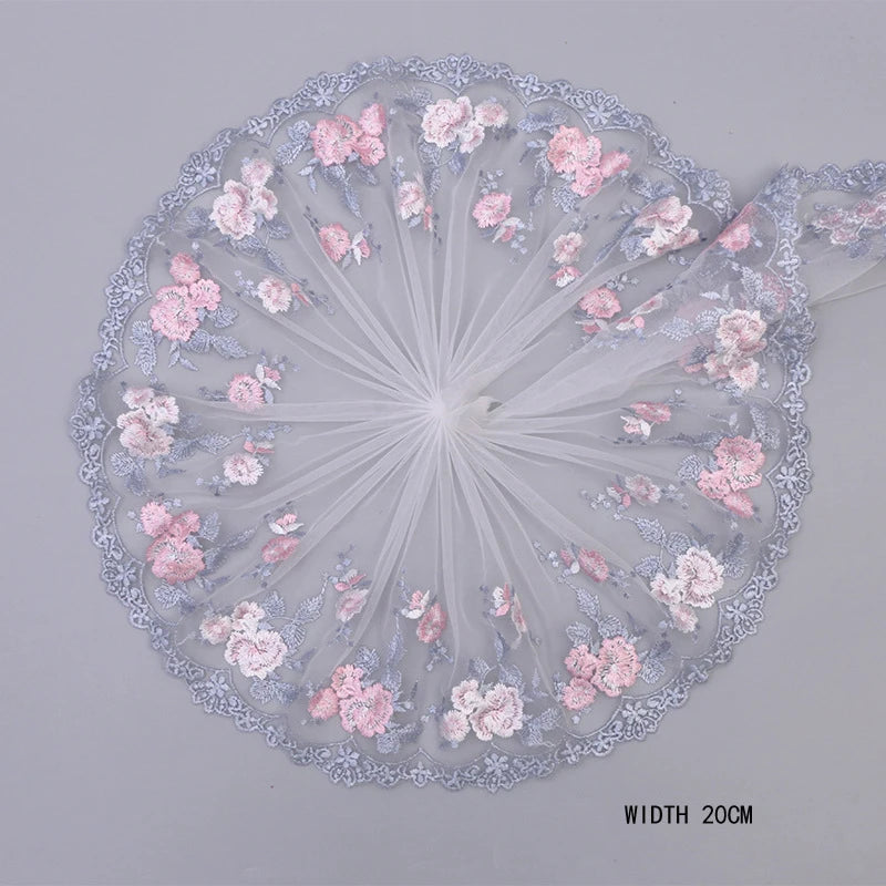 1Y Colorful Flower Embroidered Tulle Lace Trimmings Dress Accessories Lace Fabric Sewing Crafts Doll Material