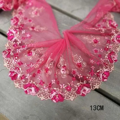 1Y Colorful Flower Embroidered Tulle Lace Trimmings Dress Accessories Lace Fabric Sewing Crafts Doll Material