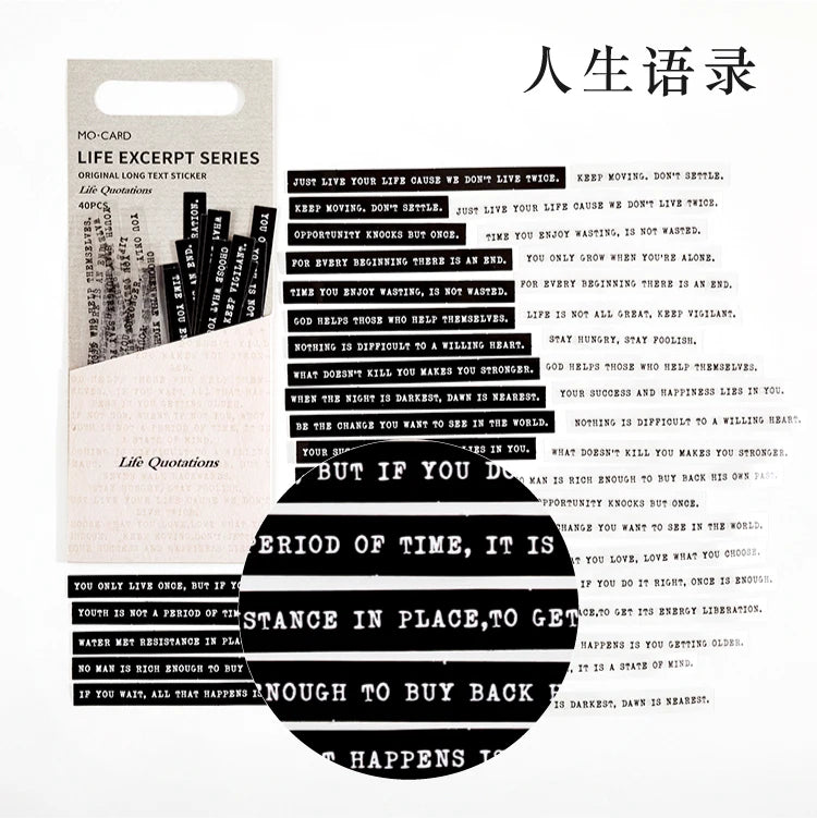 JIANQI 40 pcs Strip English Stickers pack DIY Decorative Scrapbooking material Black white text Poems Diary Album Craft Supplies