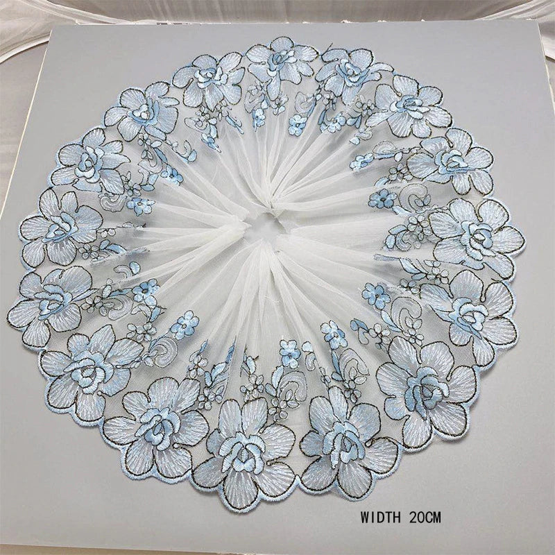 1Y Blue Polyester Soft Mesh Embroidery Lace Trimmings Dress Accessories Lace Fabric Sewing Crafts Doll Material