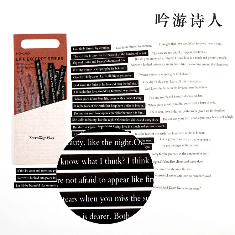JIANQI 40 pcs Strip English Stickers pack DIY Decorative Scrapbooking material Black white text Poems Diary Album Craft Supplies