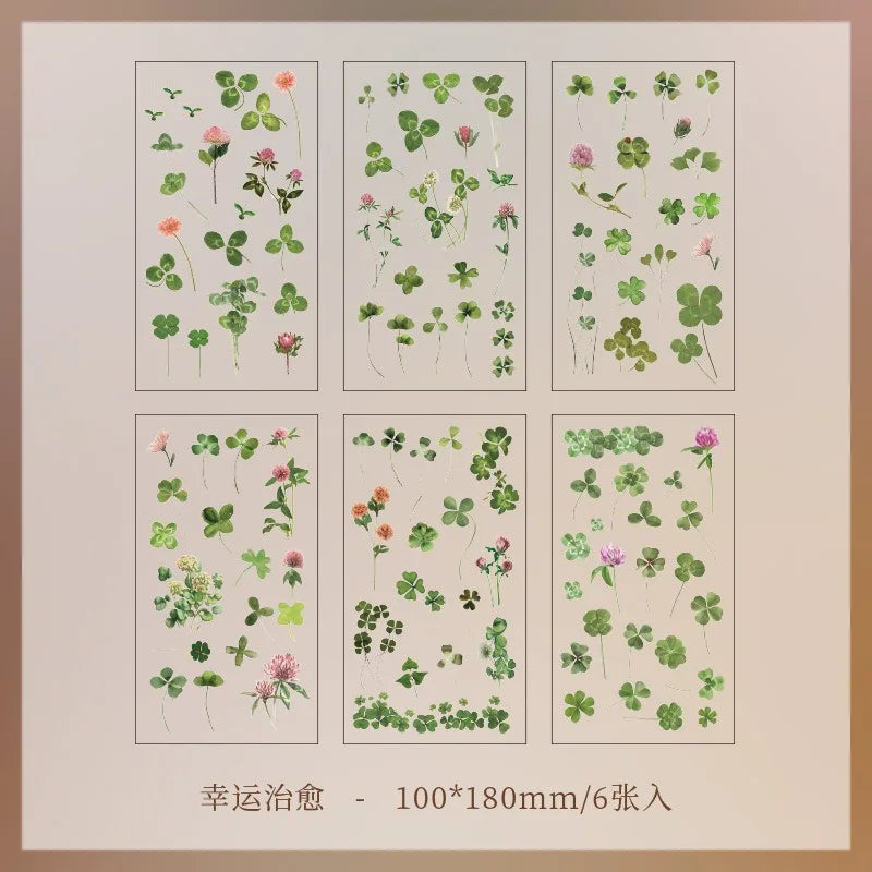JIANQI 6pcs/pack Transparent PET Stickers Scrapbooking Materials DIY Junk Journal Collage Floral Leaves Plants Decor Stickers