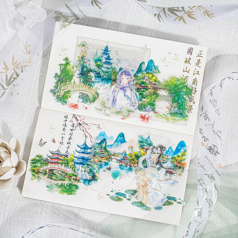 JIANQI 60mm*2m Chinese style courtyard PET Tapes Creativity Hand Account Adhesive hand made Diy Junk Journal Scrapbook Supplies