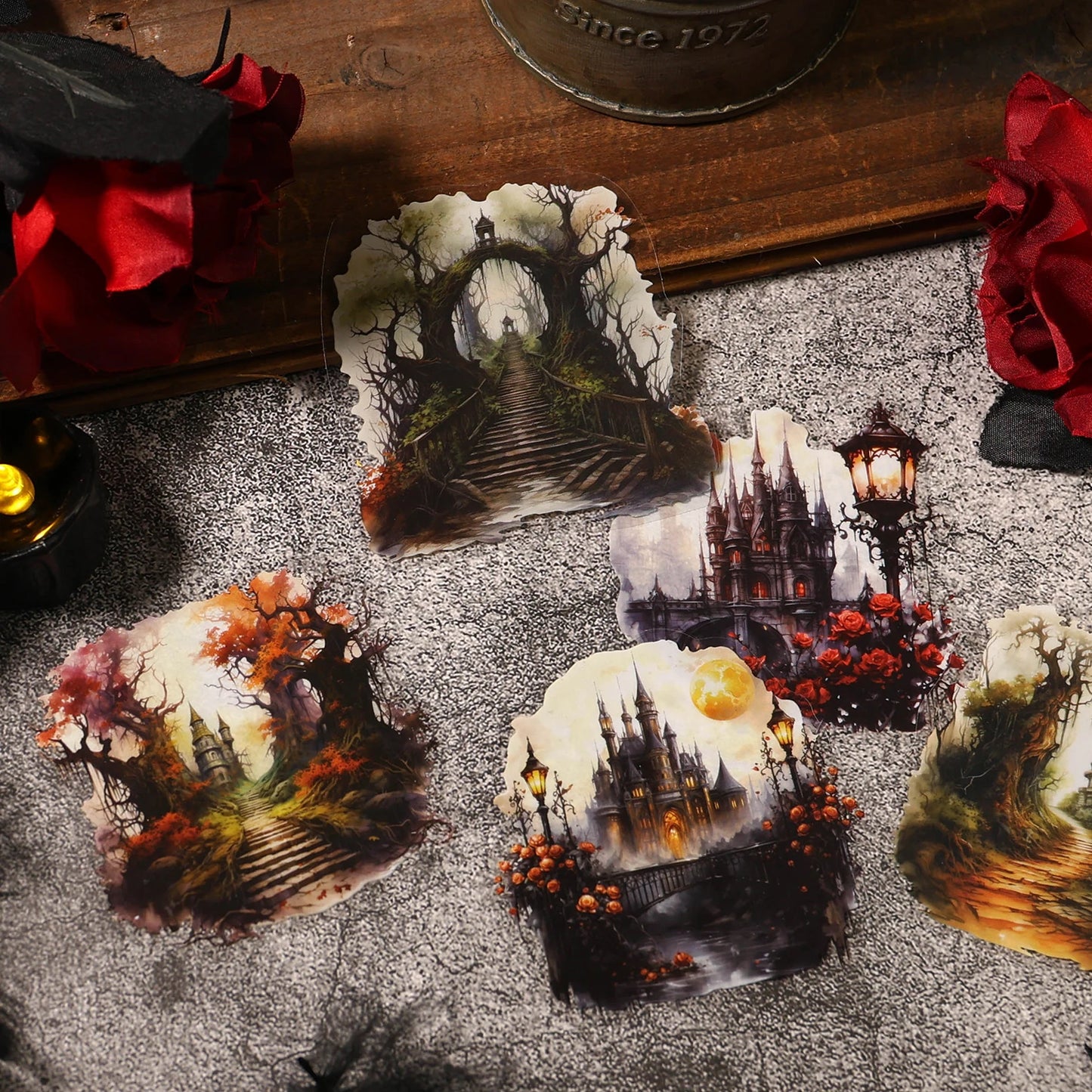 JIANQI 20pcs/pack PET Stickers Dark Style Beautiful Landscape DIY Decorative Scrapbooking Material Collage Sticker Journal
