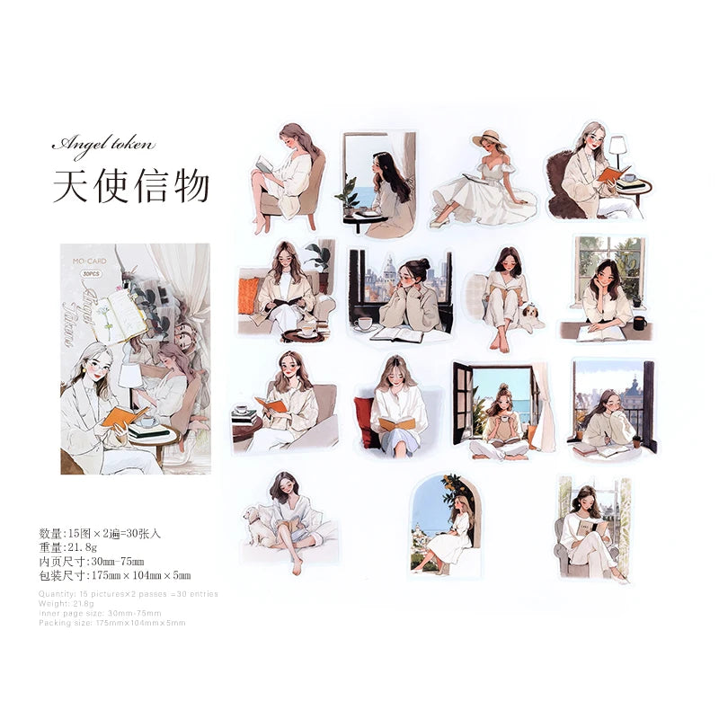 JIANQI 30 pcs/pack Reading girl Stickers aesthetic Stick Labels Decorative Diary Album material Scrapbooking Supplies