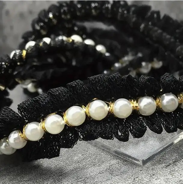 1 Yard Pearl Bead Decoration Black and White Lace Border Fabric Clothing Decoration DIY Crafts Lace 2CM Wide