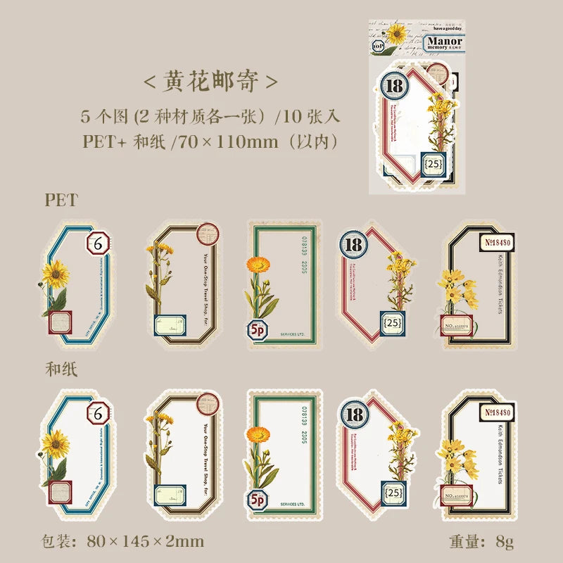 10 pcs Vintage Flowers Plant Labels Stickers Diy Plant Diary Album Scrapbooking Planner hand made Collage material