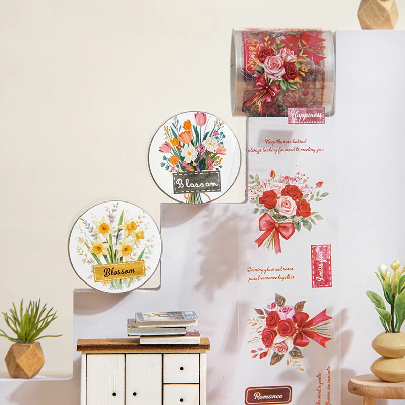 1 roll Flowers in full bloom PET Decorate Adhesive Tape Retro Plant Masking Washi Tape Scrapbooking Stickers Label Stationery