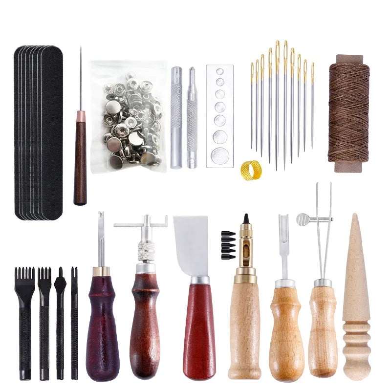 Leather Working Kit Different Leather Craft Tool with Sewing Needle Stitching Groover Awl Metal Button Snaps for Leather Making