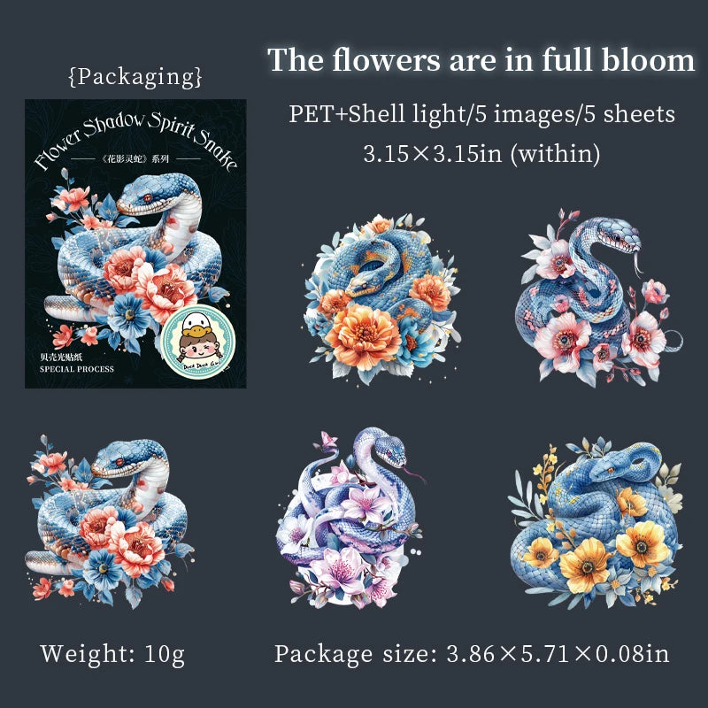 JIANQI 5Pcs Creative Flower Shadow Spirit Snake Stickers hand tent DIY Stick Labels Scrapbooking Material Junk Journal Supplies