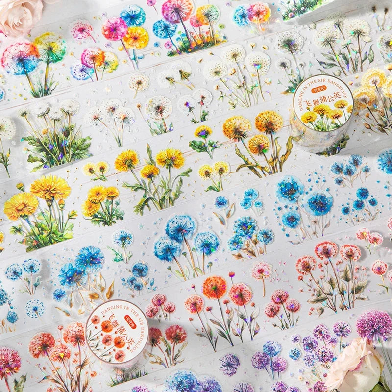 JIANQI 50mm*2m Dandelion flower PET Tape DIY Scrapbooking Decor Photo Album Creative Stationery Collage Materials Stickers