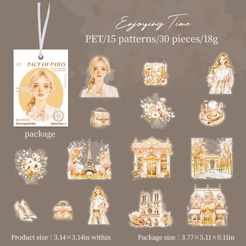 JIANQI 30 pcs/pack Paris Travel PET Stickers Decor DIY Scrapbooking Materials Art Collage Stationery Aesthetics Stickers