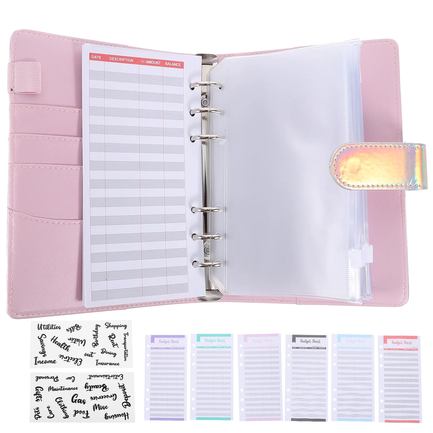 1 set A6 Budget Binder Set Silver Cover 12 Sheets 8 Zipper Pockets 2 Stickers Lightweight Notebook Storage for Home Office