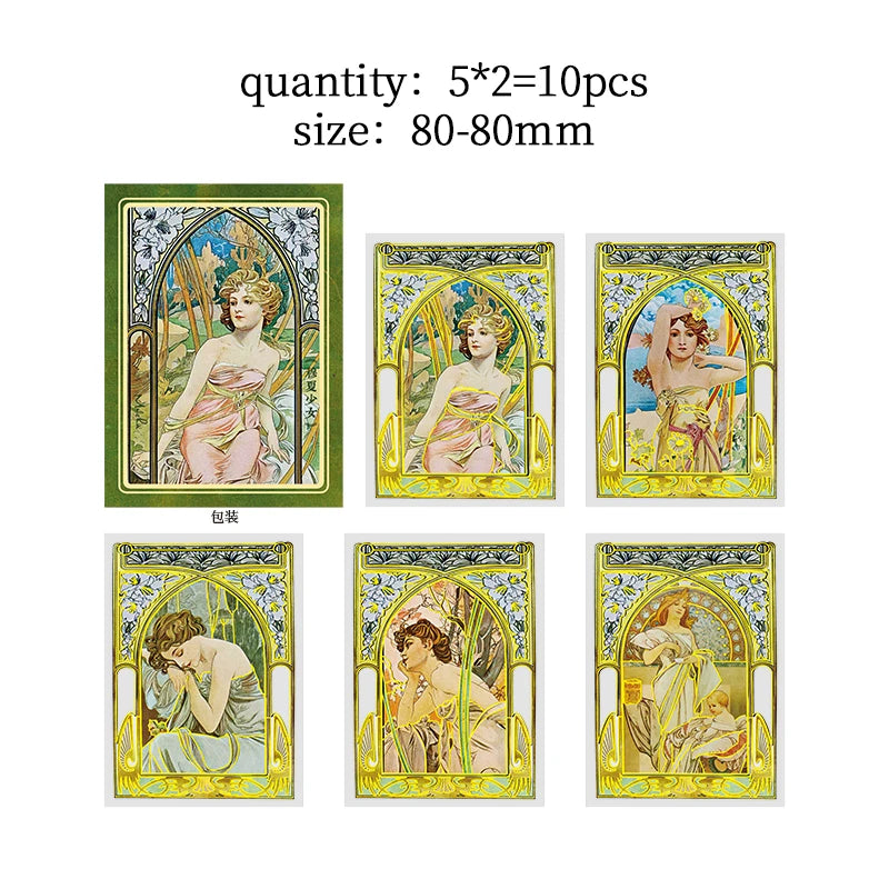 10 pcs Mucha theme Stickers pack Diy Decorative Scrapbooking Diary Album Stationery Collage material junk journal supplies
