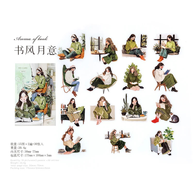 JIANQI 30 pcs/pack Reading girl Stickers aesthetic Stick Labels Decorative Diary Album material Scrapbooking Supplies