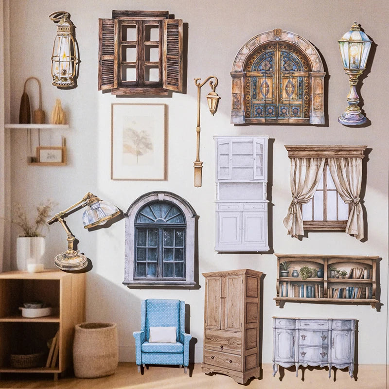 30pcs Doors, windows, and furniture Stickers Scrapbooking Materials DIY Junk Journal Collage Collage language Decor Stickers