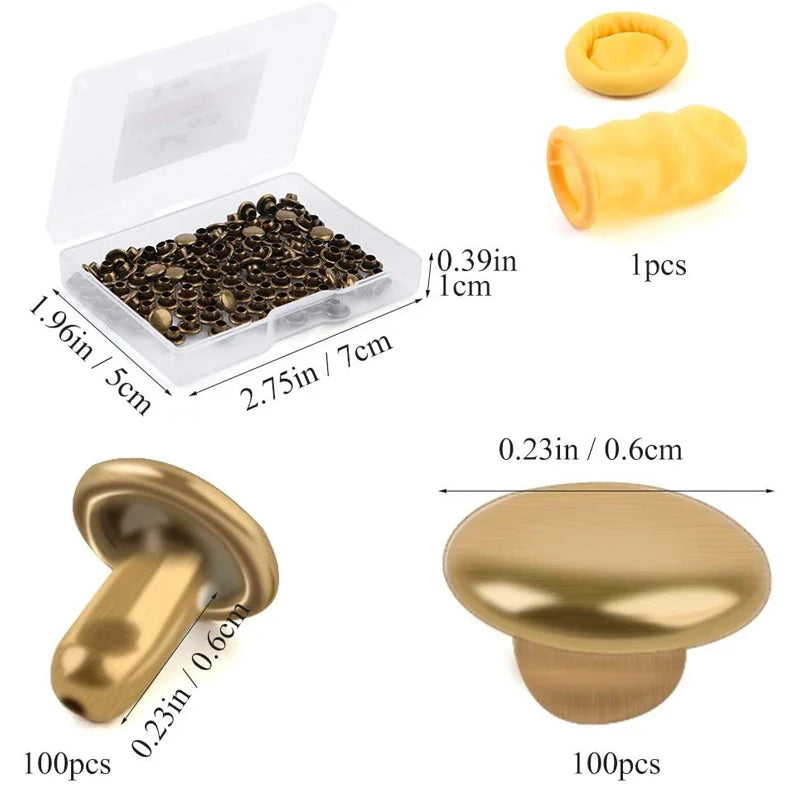 100Set/Box Leather Rivet Studs Double Cap Metal Rivets with Plastic Box Finger Cot for Leather Crafts Repairs Decoration