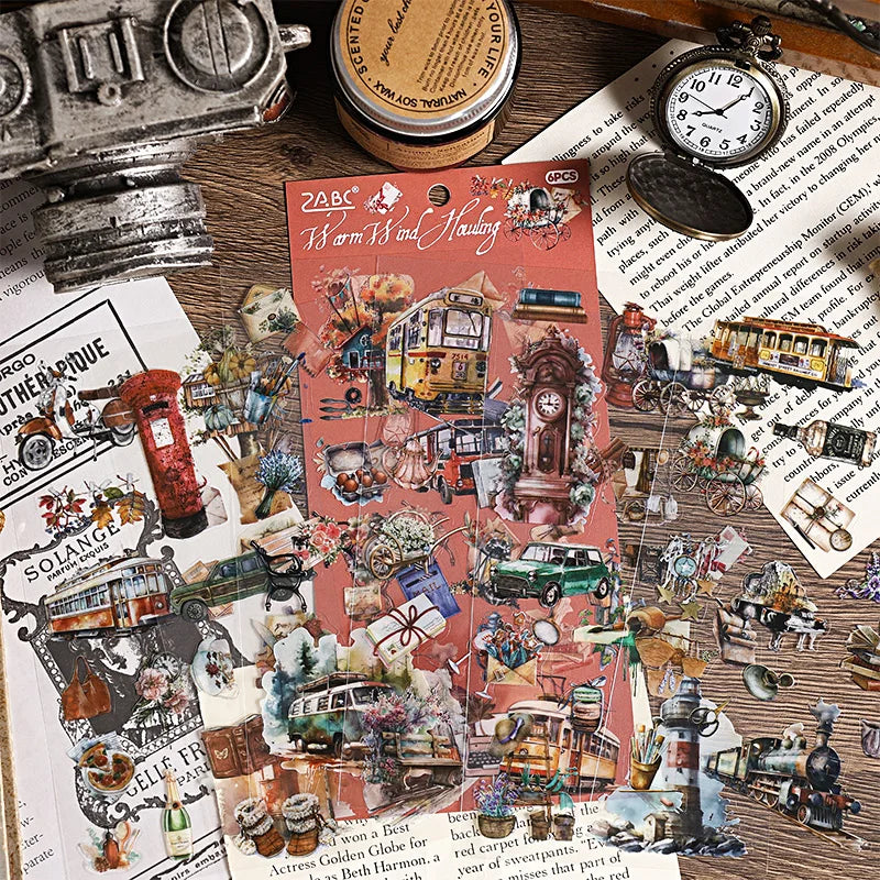 JIANQI 6pcs Literary Retro Stickers PET Materials DIY Scrapbooking Art Collage Stationery Planner Decor Diary Stickers