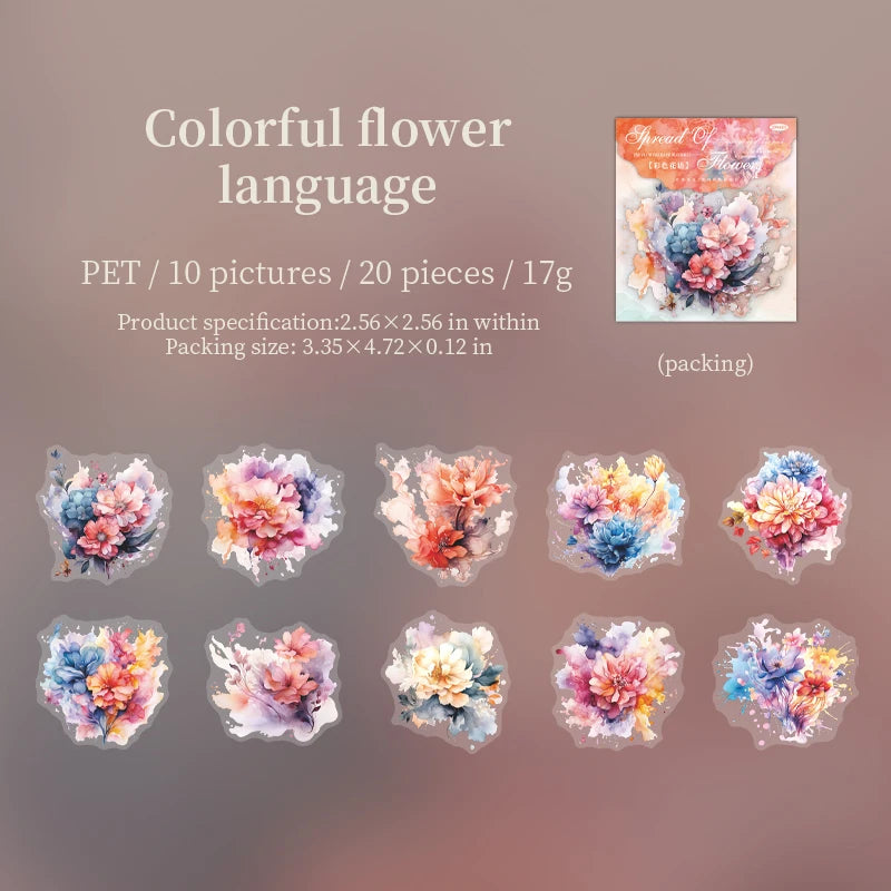 JIANQI 20 Pcs Watercolor flowers Stickers PET sticker package DIY diary decoration sticker album scrapbooking Junk Journal
