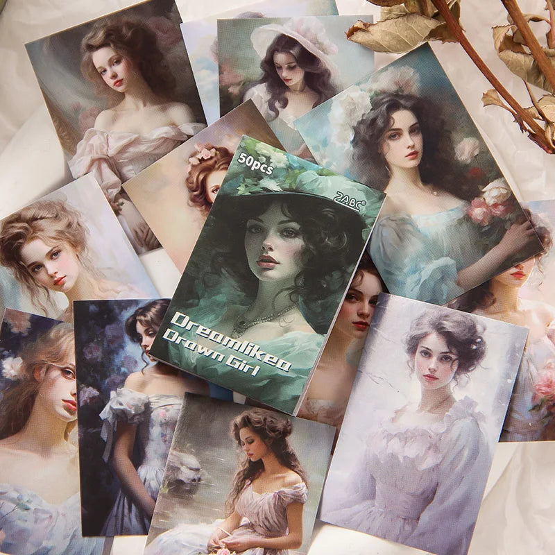 JIANQI 50pcs Ins Style Retro girl Series Frame Sticker Creative Mini Pocket Decoration DIY Material Stickers