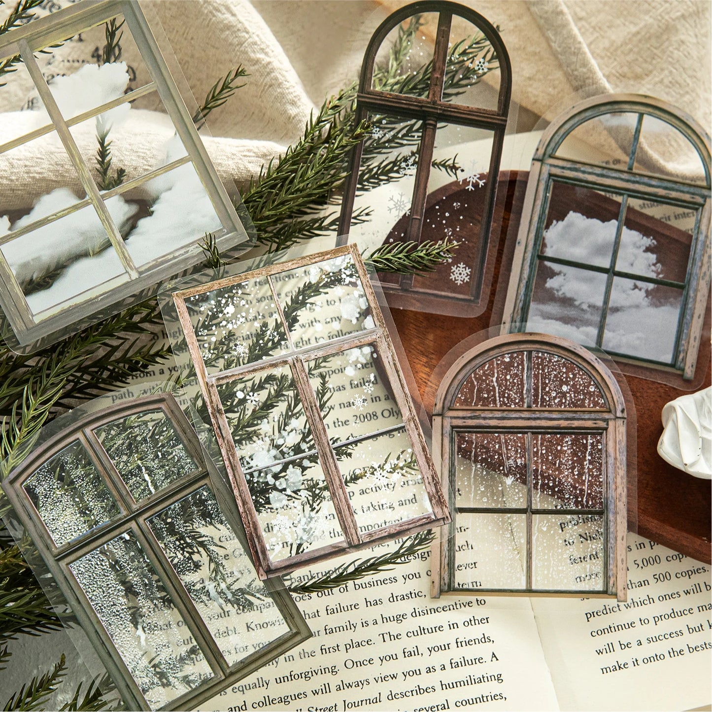 JIANQI 20pcs/pack Window Landscape Stickers Decor Junk Journal DIY Srapbooking Collage Stationery PET Scrapbook supplies