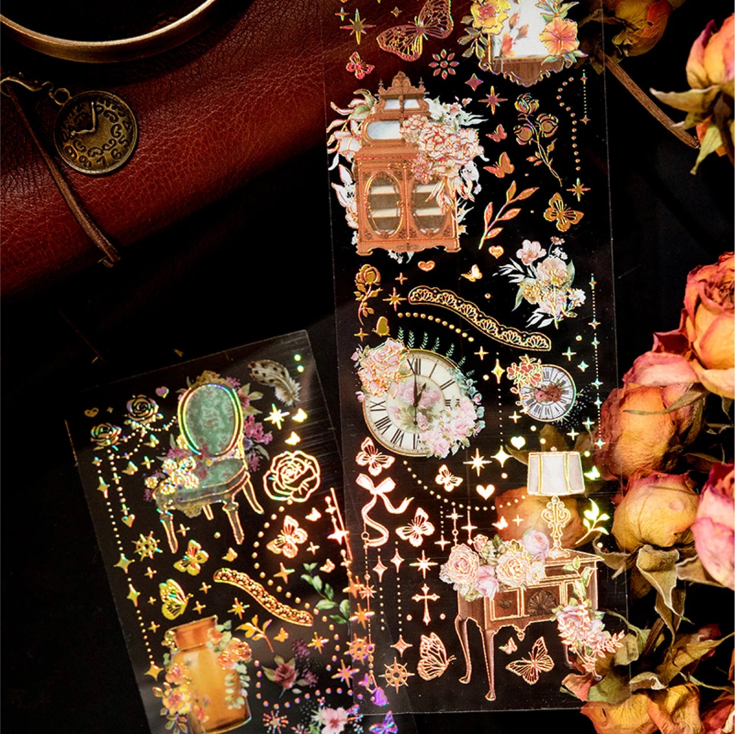 JIANQI 3pcs Gold stamping retro PET Stickers DIY Scrapbooking Decor Photo Album Creative Stationery Collage Materials Stickers