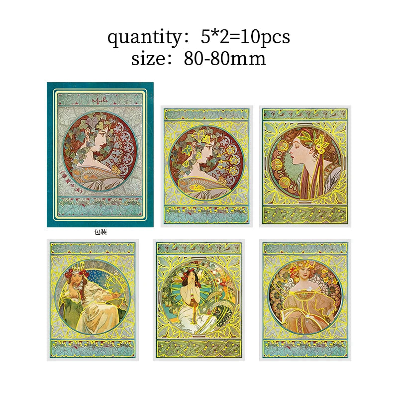 10 pcs Mucha theme Stickers pack Diy Decorative Scrapbooking Diary Album Stationery Collage material junk journal supplies