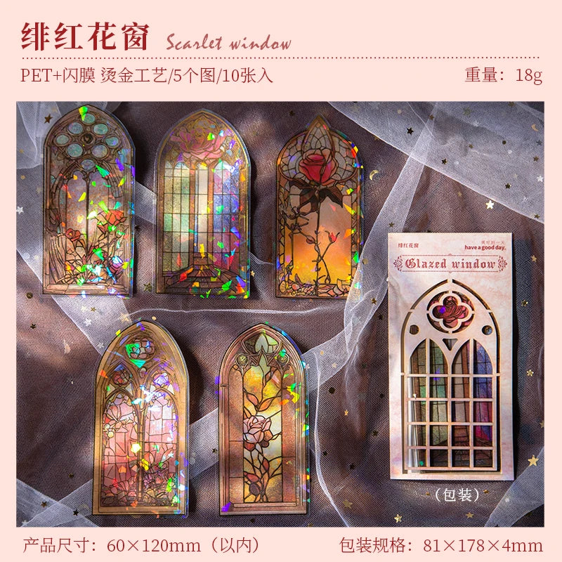 JIANQI 10pcs/pack Flowers Window Stickers Gold Foil Decor Junk Journal DIY Srapbooking Collage Stationery PET Twinkle Stickers