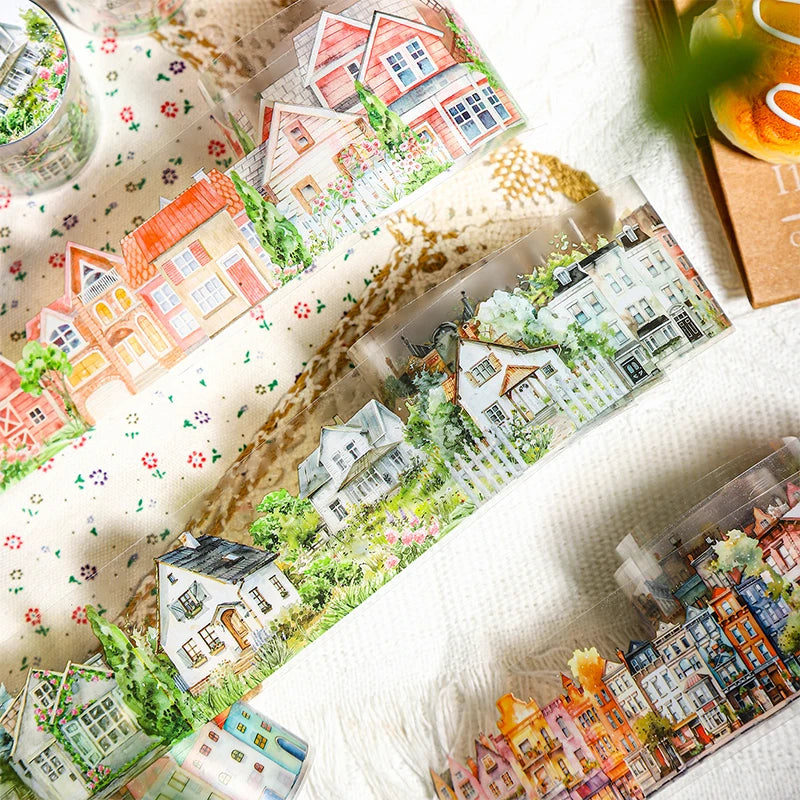 JIANQI 45mm*2m PET Tapes Dream Town House DIY Scrapbooking Decor Photo Album Collage Junk Journal Materials Aesthetics Stickers