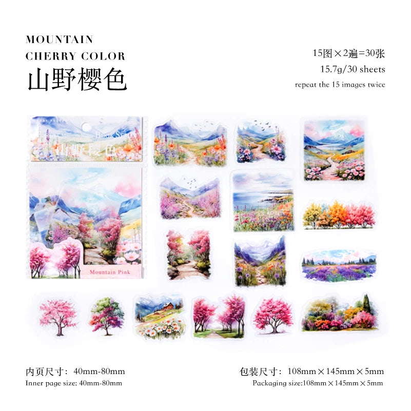 JIANQI 30 pcs/lot Beautiful scenery PET waterproof sticker Pack Retro Art decorative hand tent collage Scrapbooking supplies