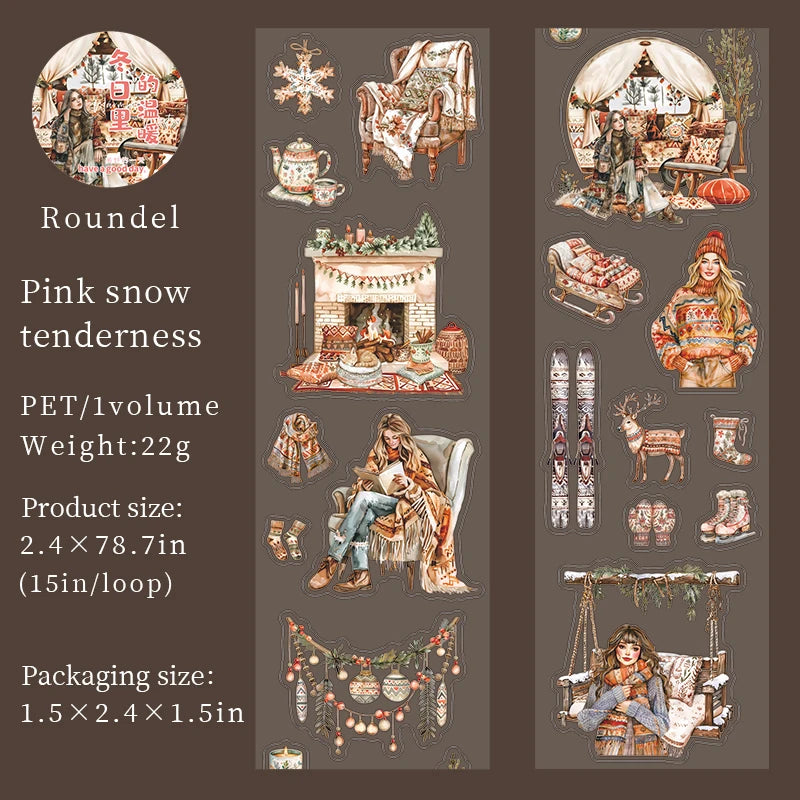 JIANQI 60mm*2m Winter girl PET Tapes Collage Stickers Decor Junk Journal Masking Tape DIY Scrapbook Aesthetic Sticker Stationery
