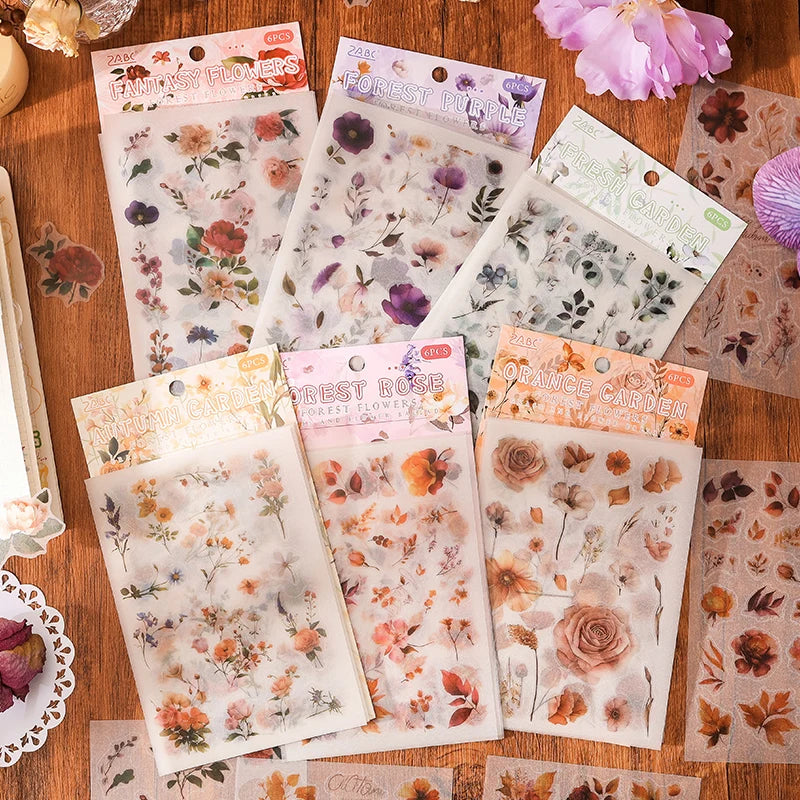 JIANQI 6 sheet Die cutting Flower Stickers Junk Journal Sticker Package DIY Diary Decoration Sticker Album Scrapbooking