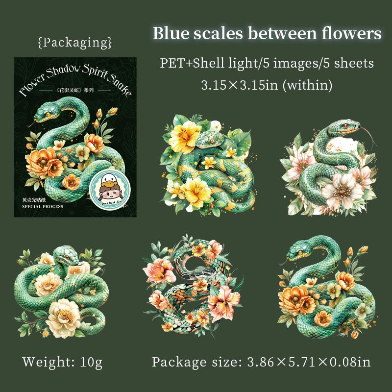 JIANQI 5Pcs Creative Flower Shadow Spirit Snake Stickers hand tent DIY Stick Labels Scrapbooking Material Junk Journal Supplies