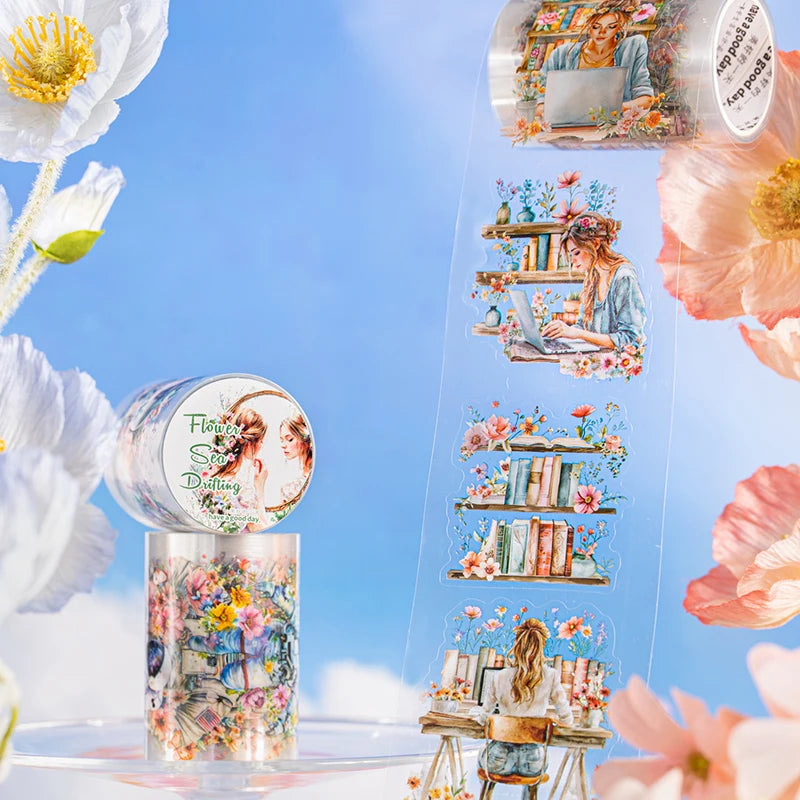 JIANQI 60mm*2m Tapes Flower Sea Drifting DIY Scrapbooking Decor Photo Album Collage Junk Journal Materials Aesthetics Stickers