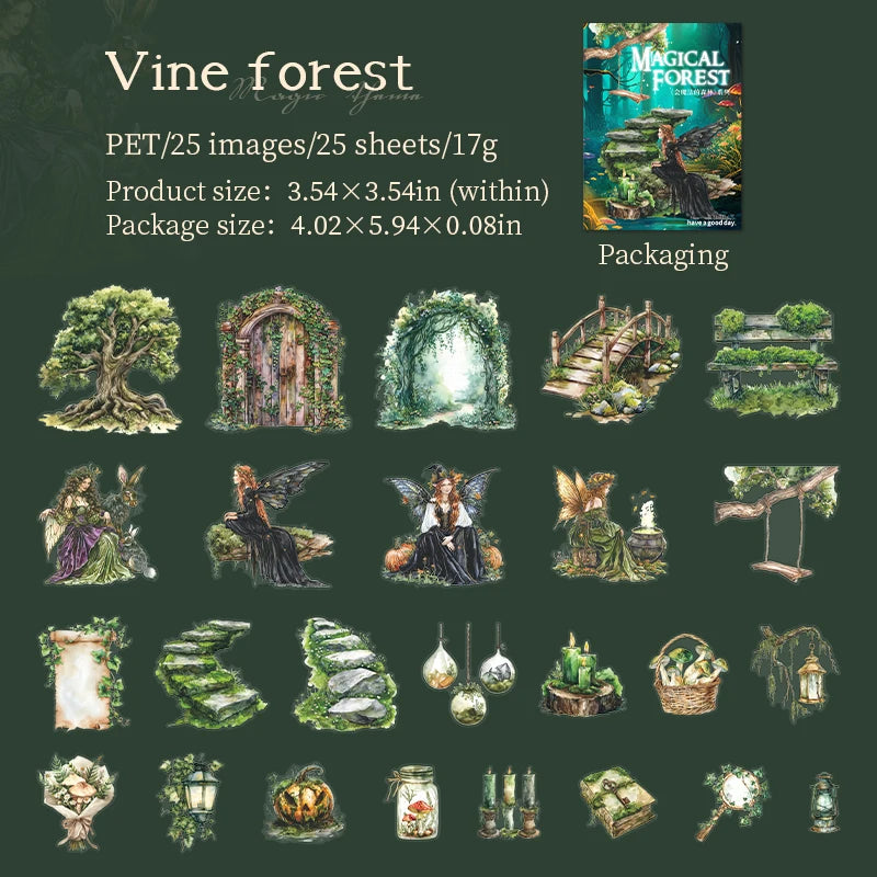 JIANQI 25 pcs Enchanted Forest Series PET material Decorative sticker Diary Album Scrapbooking material Junk Journal Supplies