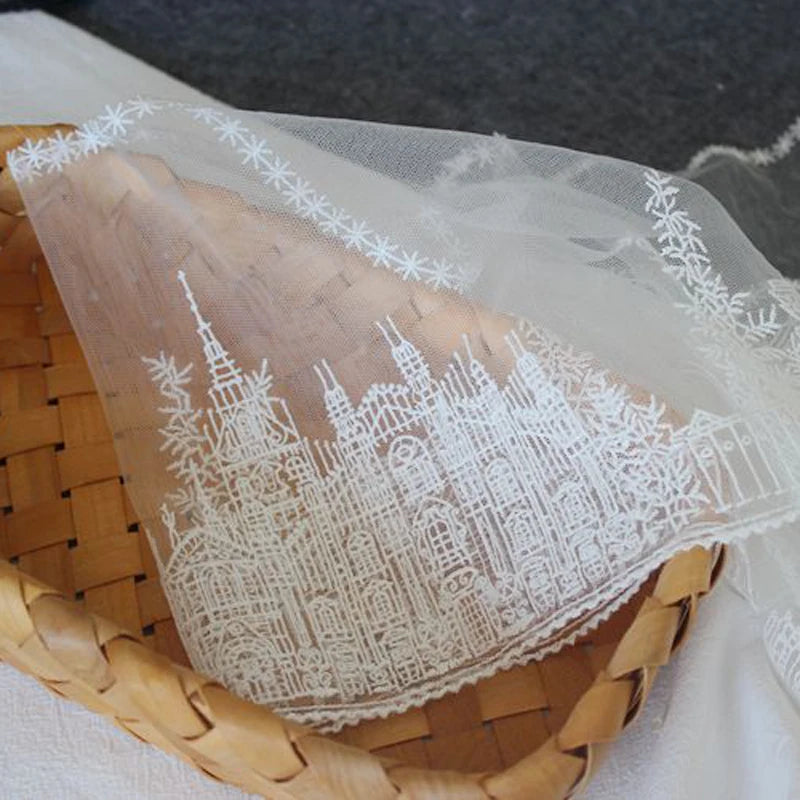 1 Yard Black White Castle Embroidered Tulle Mesh Lace Fabric Wedding Dress Curtains Sewing Accessories17.3CM Wide