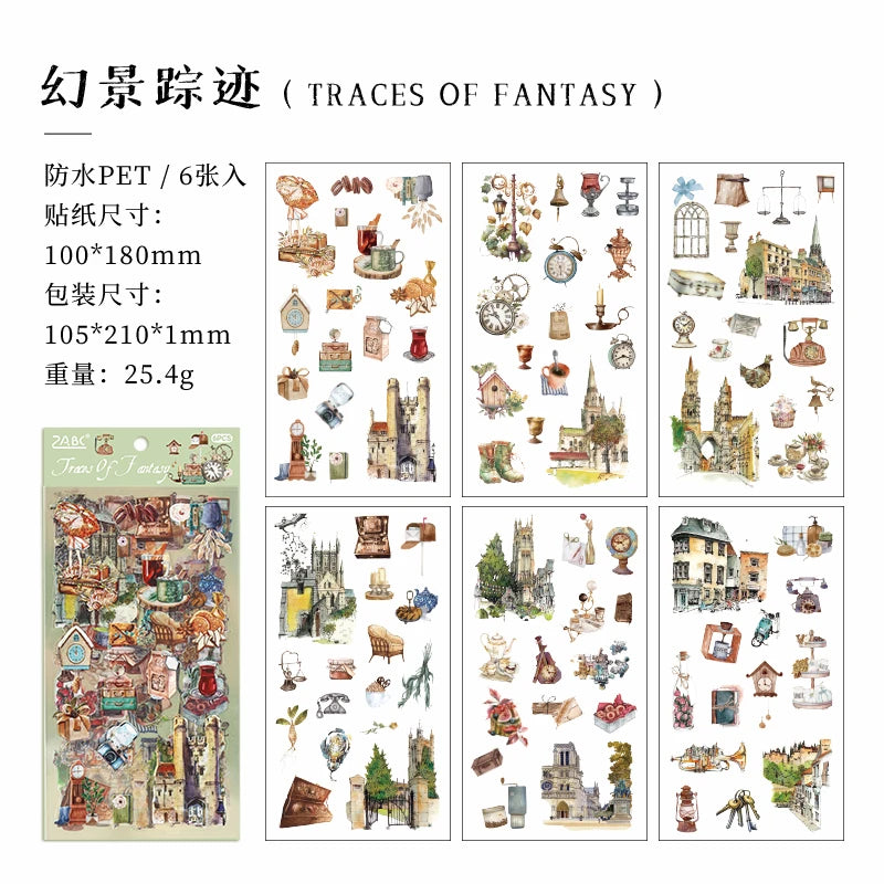 JIANQI 6pcs Literary Retro Stickers PET Materials DIY Scrapbooking Art Collage Stationery Planner Decor Diary Stickers
