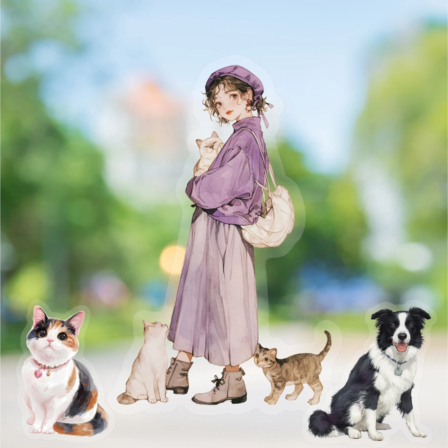JIANQI 30 pcs PET Animal theme Stickers Cat dog girl Decorative handmade Scrapbooking Material Diary Album Craft Supplies