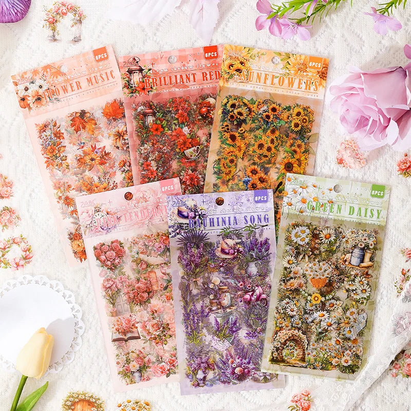 JIANQI 6 Sheets Flowers Stickers Die cutting PET Material DIY Scrapbooking Art Collage Stationery Planner Decor Diary Stickers