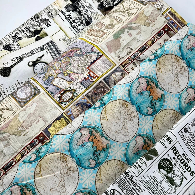 Newspaper Fabric Map Retro Vintage Digital Printed for Handmade DIY Sewing Accessories