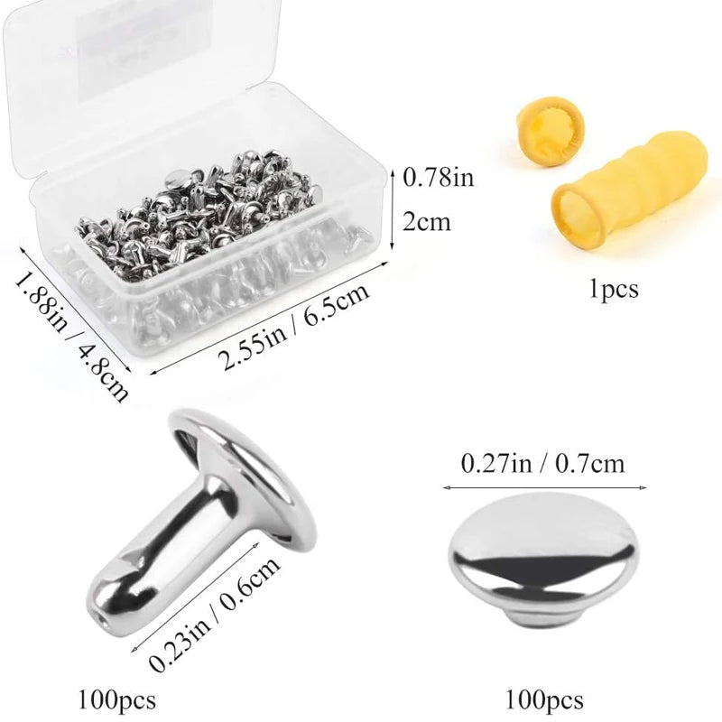 100Set/Box Leather Rivet Studs Double Cap Metal Rivets with Plastic Box Finger Cot for Leather Crafts Repairs Decoration