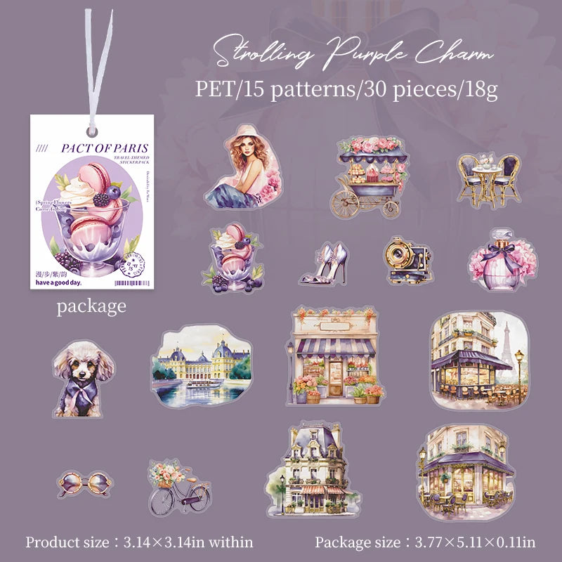 JIANQI 30 pcs/pack Paris Travel PET Stickers Decor DIY Scrapbooking Materials Art Collage Stationery Aesthetics Stickers