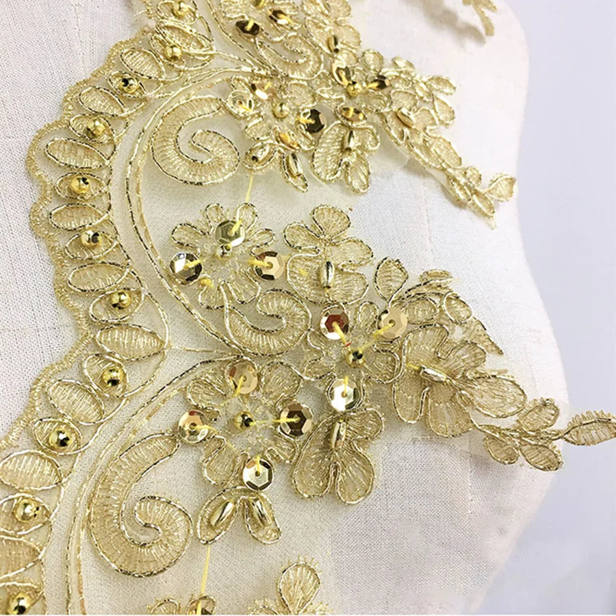 1Yard Gold Lace Embroidery Fabric Dress With Sequin Border DIY Clothing Accessories 12cm Wide