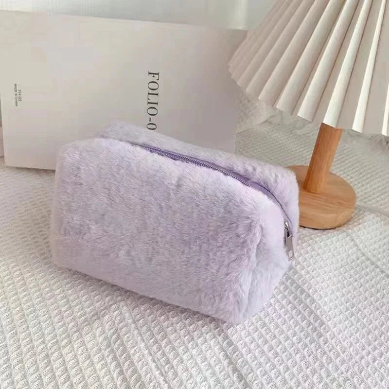 Zipper Large Solid Color Cosmetic Bag Cute Fur Makeup Bag for Women Travel Make Up Toiletry Bag Washing Pouch Plush Pen Pouch