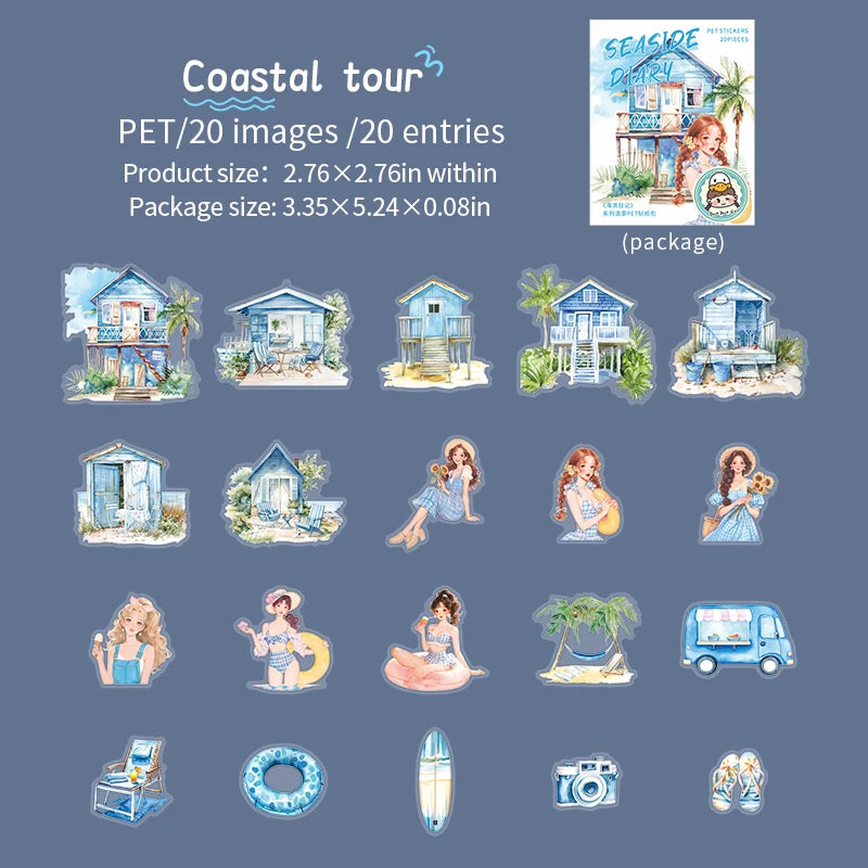 JIANQI 20pcs/pack Seaside girl PET Stickers DIY Scrapbooking Decor Photo Album Creative Stationery Collage Materials Stickers