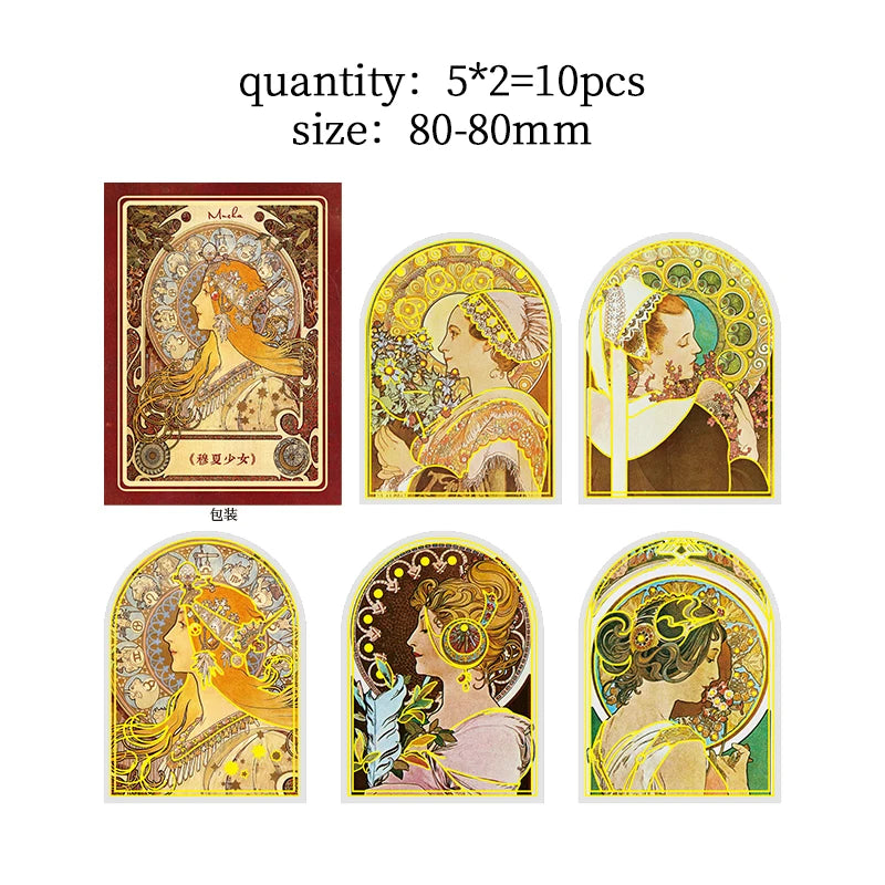 10 pcs Mucha theme Stickers pack Diy Decorative Scrapbooking Diary Album Stationery Collage material junk journal supplies