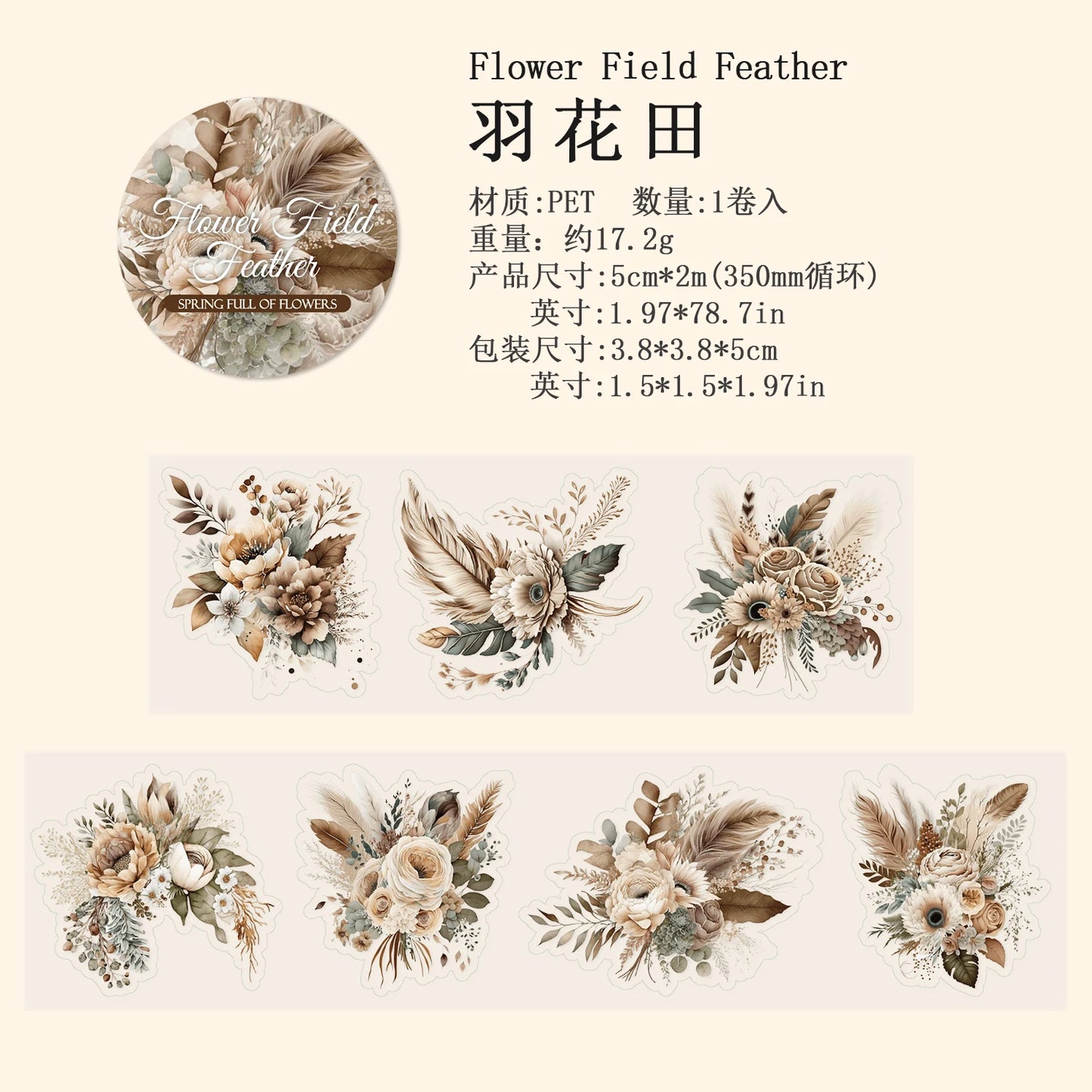 JIANQI 50mm*2m Transparent PET Floral Tapes DIY Scrapbooking Decor Photo Album Collage Journalling Materials Aesthetics Stickers